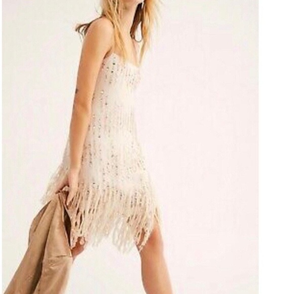 Free People Dresses & Skirts - Free People Mini Dress Crystal Clear Sequin Fringe Detail Slip Dress Large